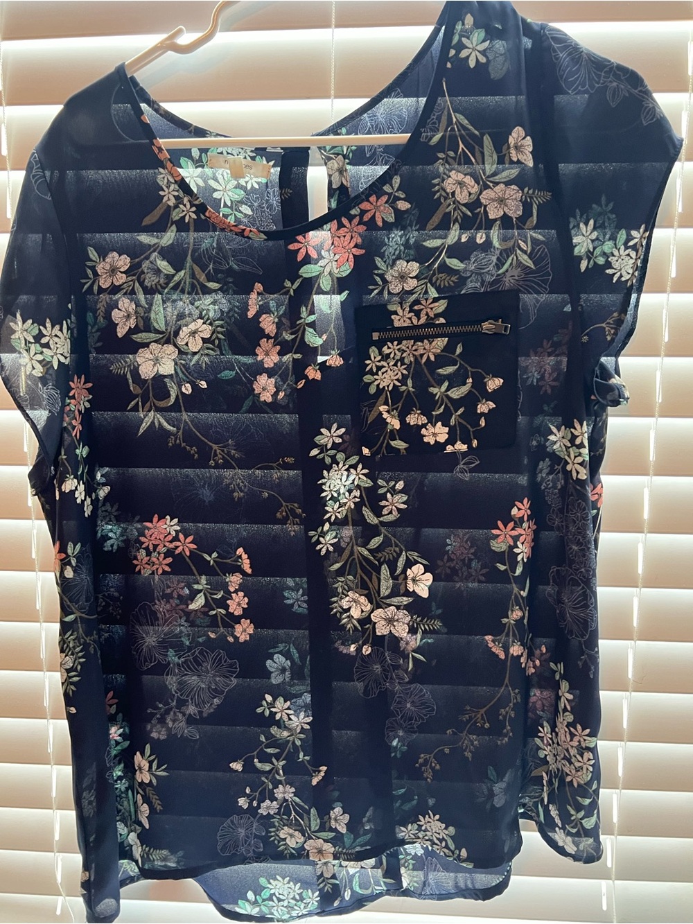 Maurices Navy Sheer Floral Short-Sleeve Blouse with Zip Pocket